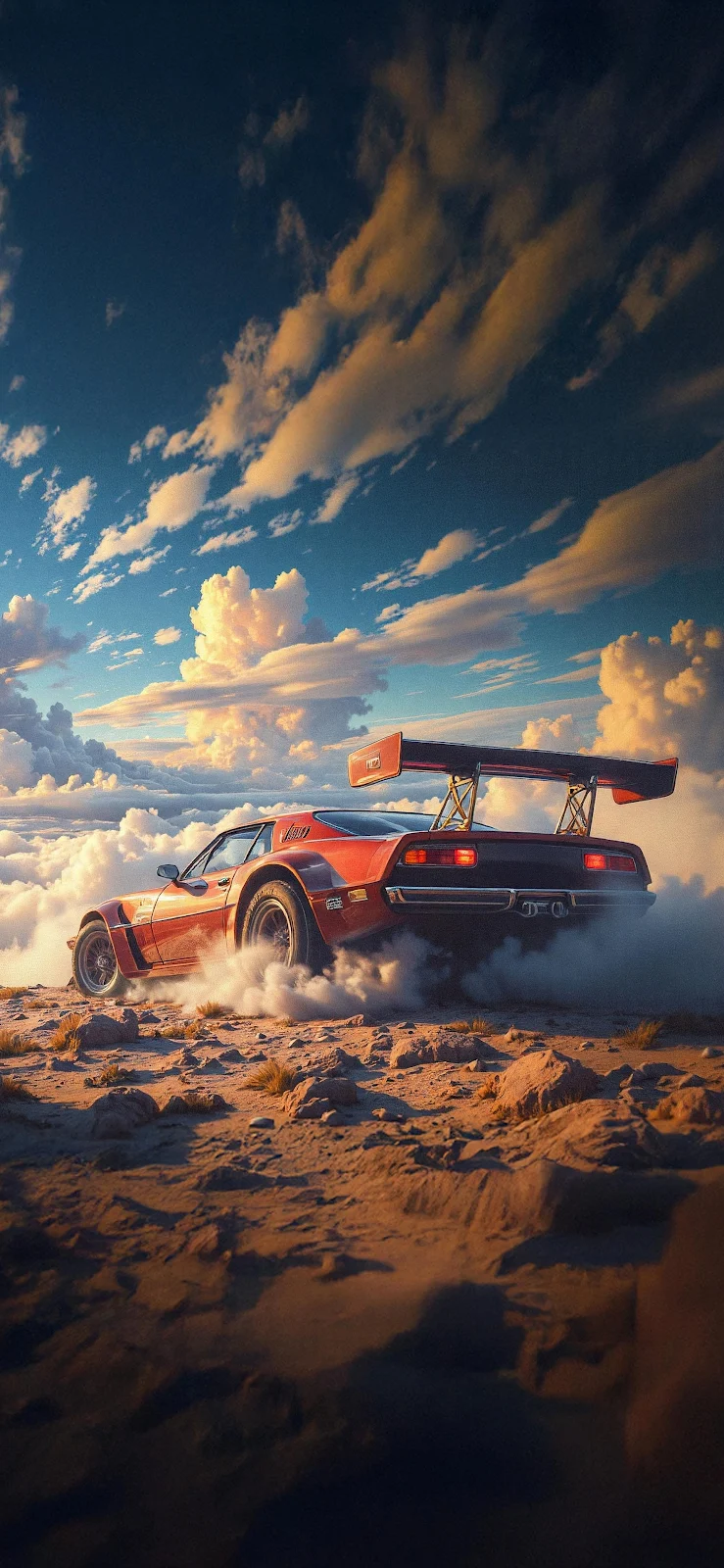Dramatic Red Car Desert Rally - Cinematic Digital Art 2K iPhone Wallpaper (1772x3839)