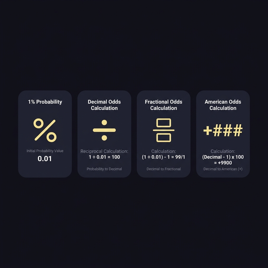 Minimal clean step by step infographic showing how to convert odds to percentage for a 1 percent probability to decimal reciprocal fractional and American odds in Funded Plays brand colors