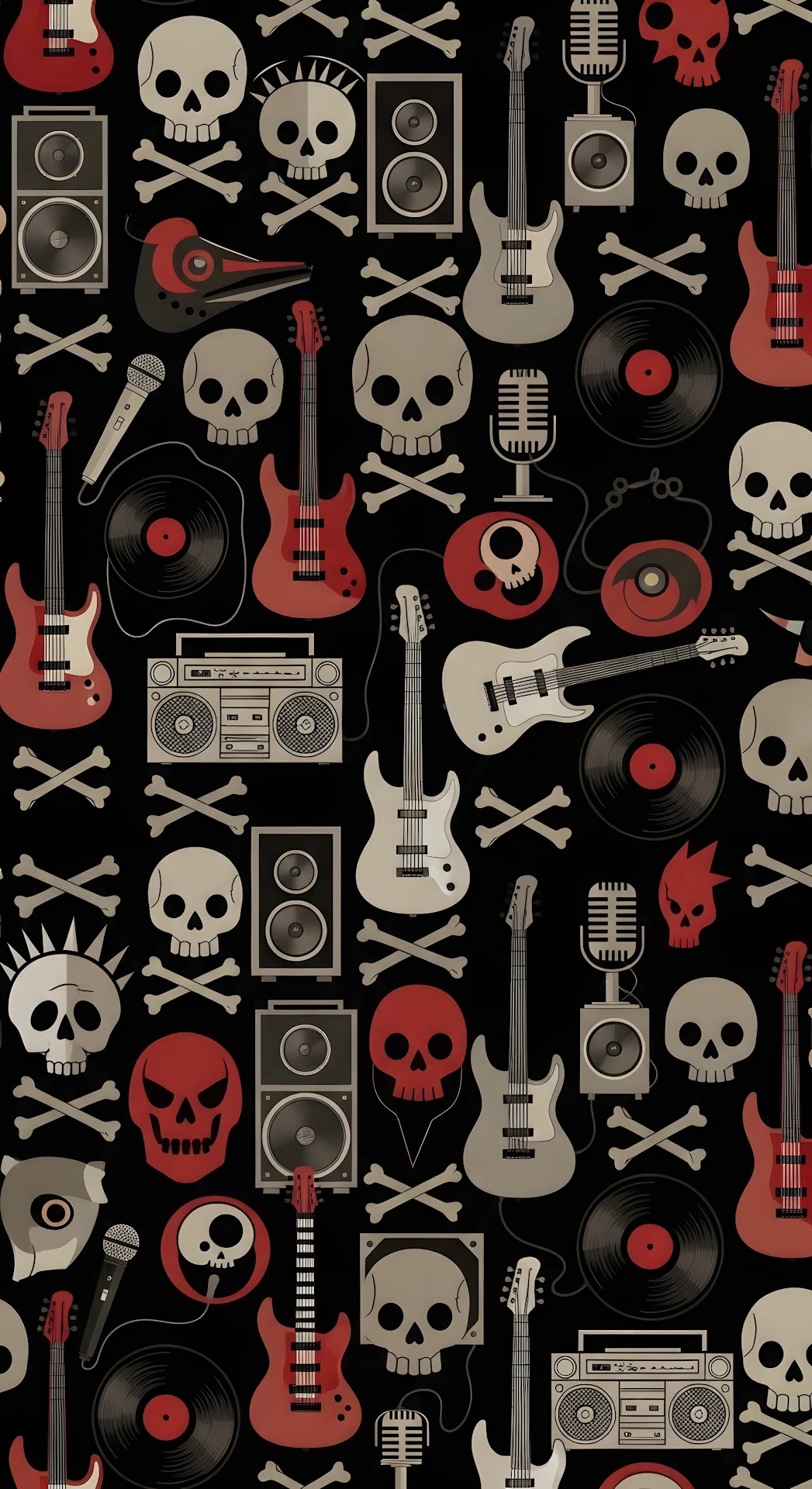 Seamless Pattern of Vintage Rock and Roll Music Icons in Dark Colors - Free 4K mobile Wallpaper