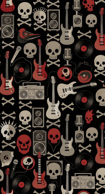 Seamless Pattern of Vintage Rock and Roll Music Icons in Dark Colors - Free mobile Wallpaper