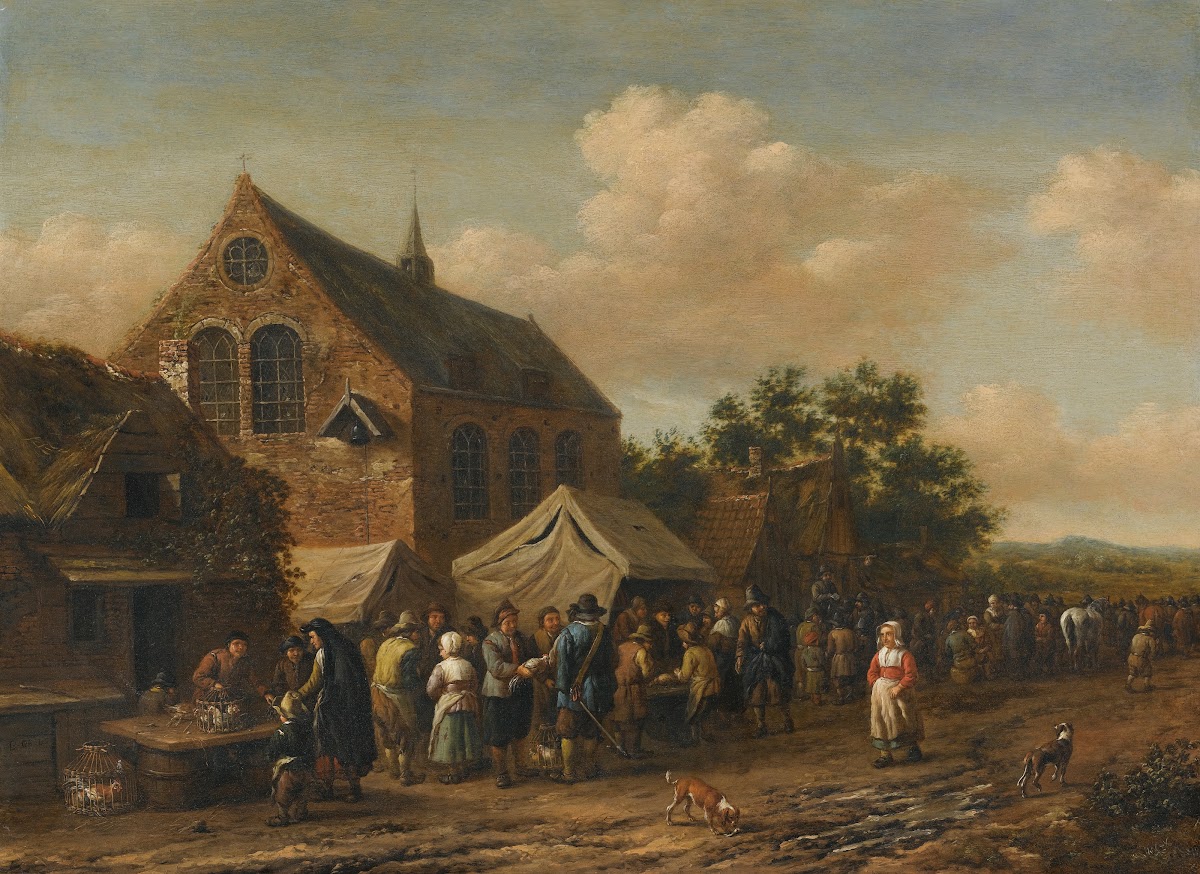 A Village Market Beside A Church