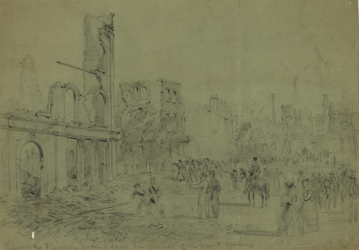 Richmond Firemen pushing down the remains of the burnt dwellings Capital Square