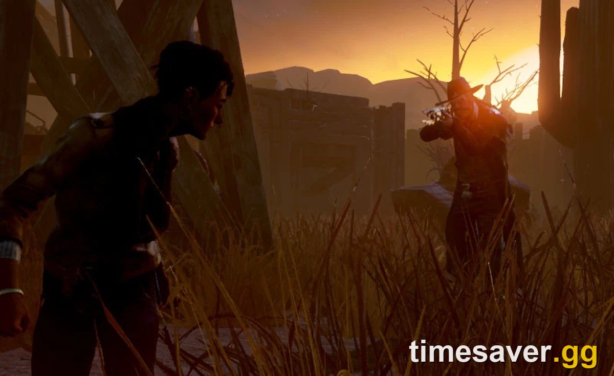 The Deathslinger aiming from the background at sunset while a Survivor crouches in the foreground in an official Dead by Daylight screenshot