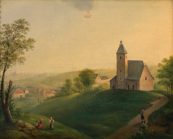 Die alte Sieveringer Kirche mit dem Blick auf Wien ca 1850