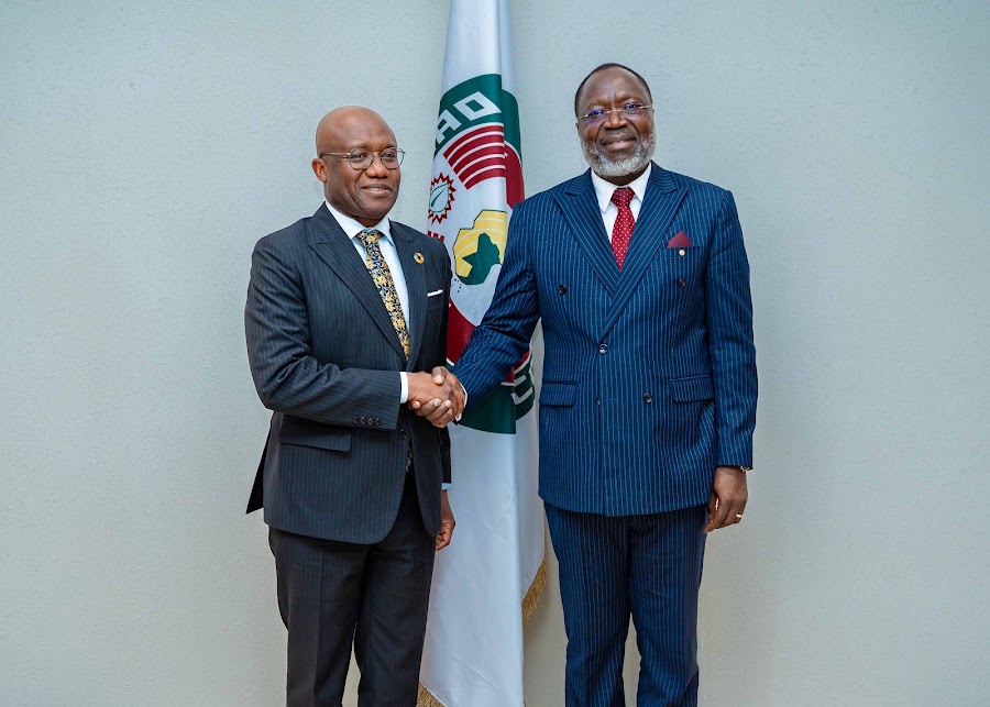 Abdouraouf Gnon-Konde presents his credentials to Dr. Omar Alieu Touray, President of the ECOWAS Commission.