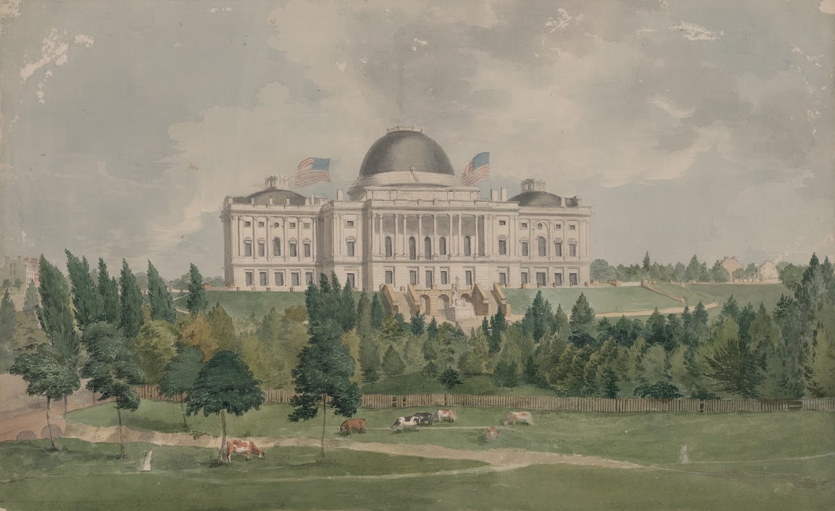 West front of the United States Capitol with cows in the foreground 1831