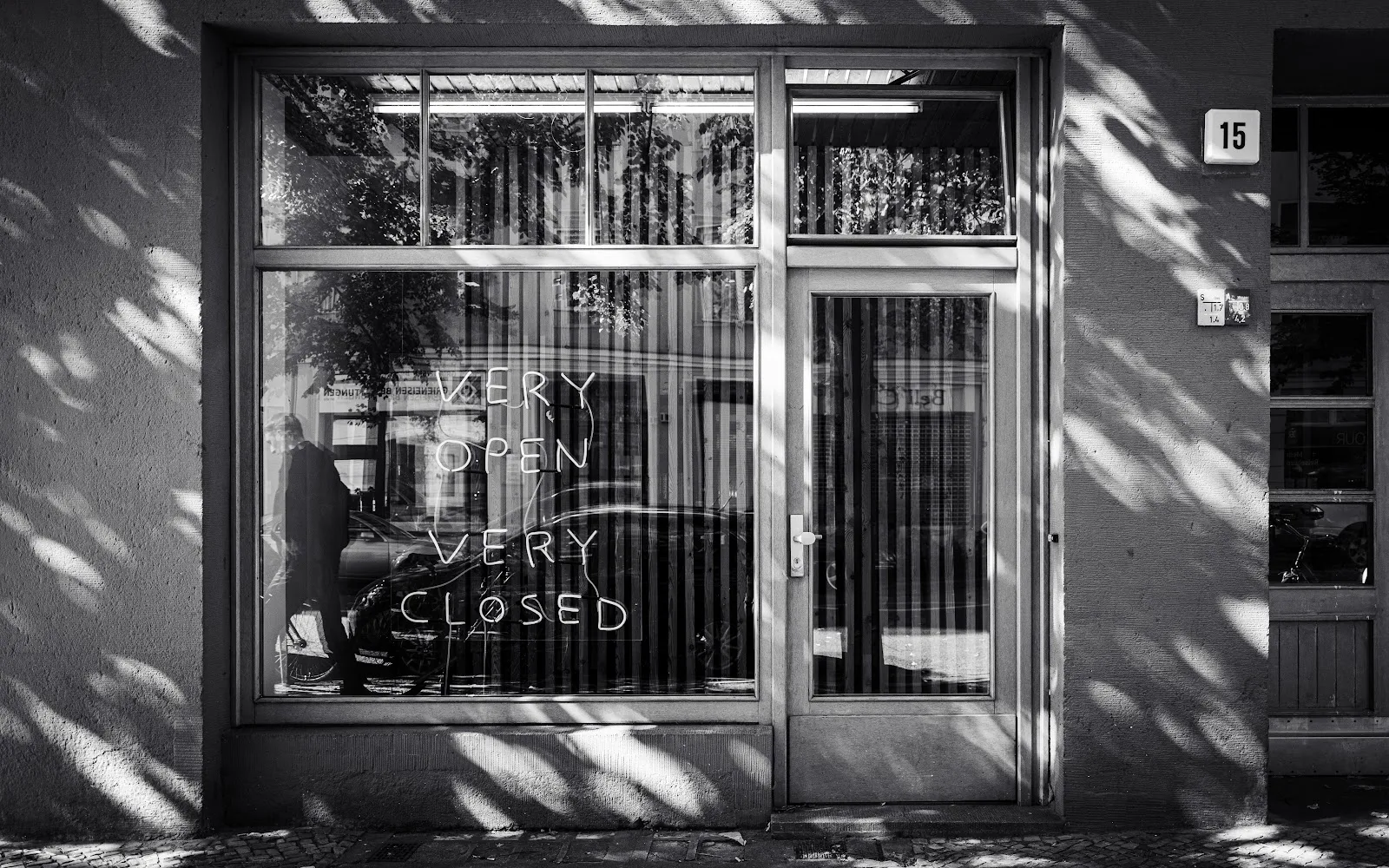 Very Open Very Closed Storefront - Black and White 5K Wallpaper (7335x4584)