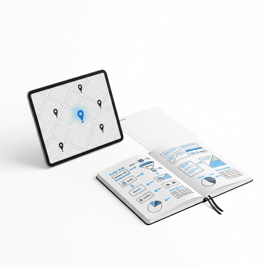 Minimal desk close-up with tablet map and printed checklist beside notebook sketches illustrating Google Business Profile fields and local listing components