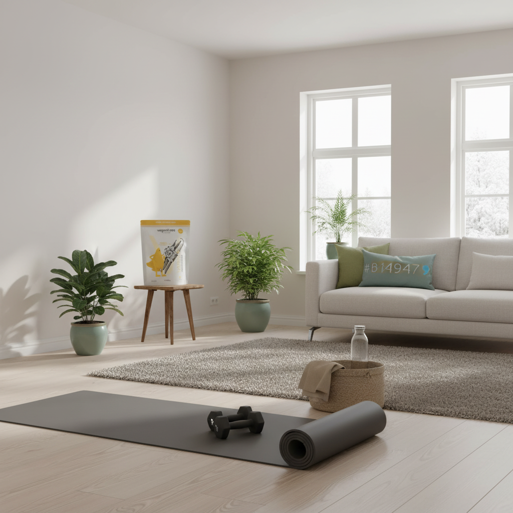 Minimalistische Heimtrainingsszene mit Yogamatte, Hanteln und Pflanzen im skandinavischen Wohnzimmer. Was darf ich bei 16 zu 8 Essen?