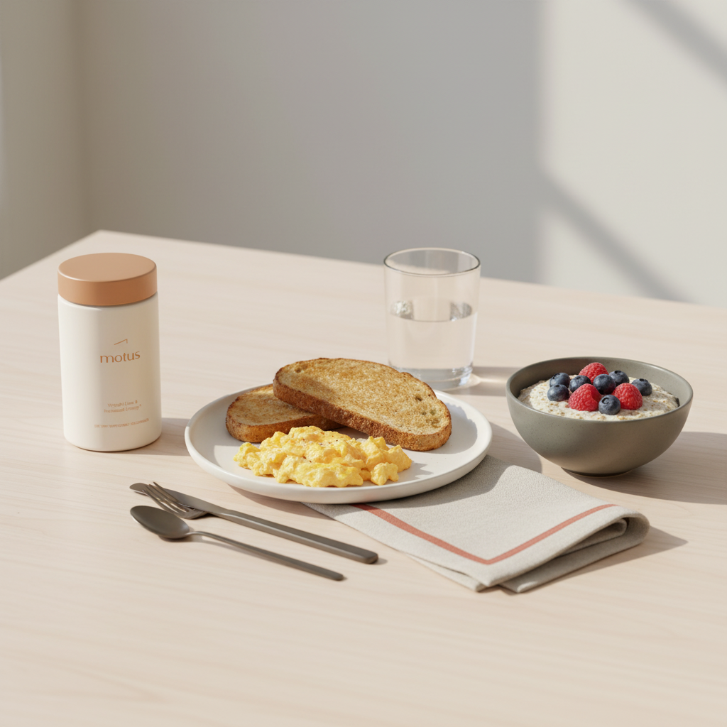 Minimalist breakfast with scrambled eggs, whole grain toast, oats with berries and Motus supplement bottle to the side, illustrating natural Ozempic alternatives for weight loss.