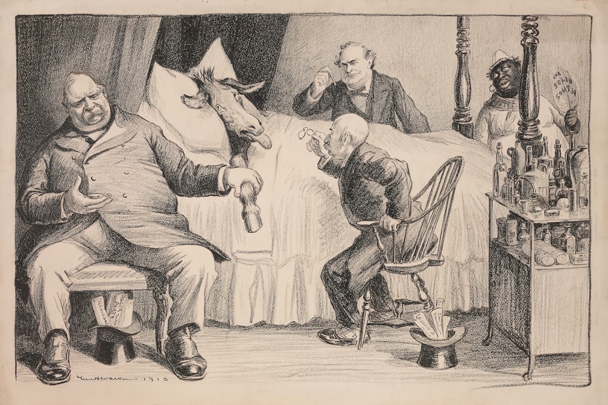 The Democratic Party donkey is ill in bed tended by doctors Grover Cleveland Dav