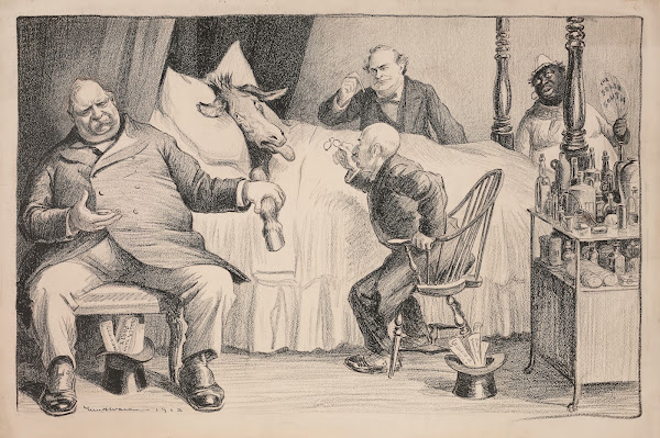 The Democratic Party donkey is ill in bed tended by doctors Grover Cleveland Dav