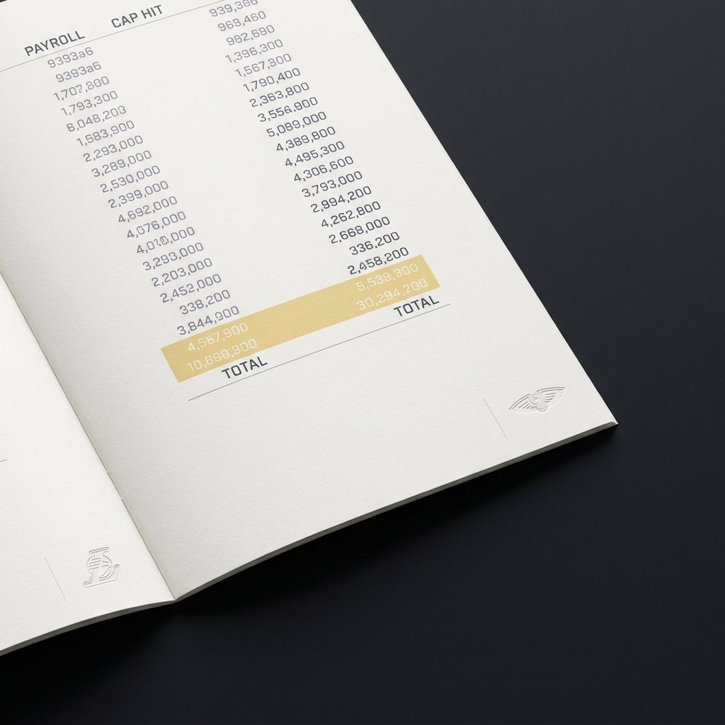 Close crop of a salary cap ledger showing payroll numbers with subtle Lakers and Pelicans logos in the margin minimalist Funded Plays color palette lakers pelicans prediction