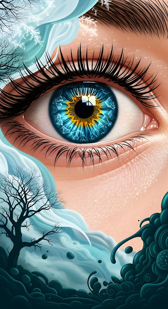 Surreal Winter Eye with Fractured Crystalline Blue Iris