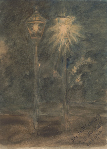 Eine alte und eine neue Gaslaterne in der Nacht des 31 Oktobers 1899 1899