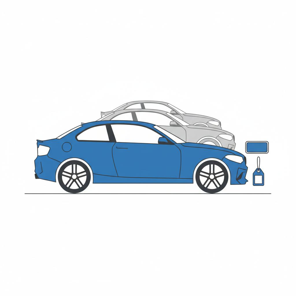 Minimalist 2D vector of a used car lot with a blue BMW M2 in the foreground and blank dealer placard and price tag shapes implying bmw m2 for sale on a white background