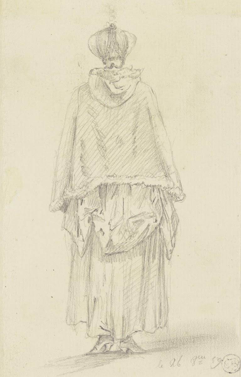 Stehende Frau mit Umhang in Rückansicht 1759