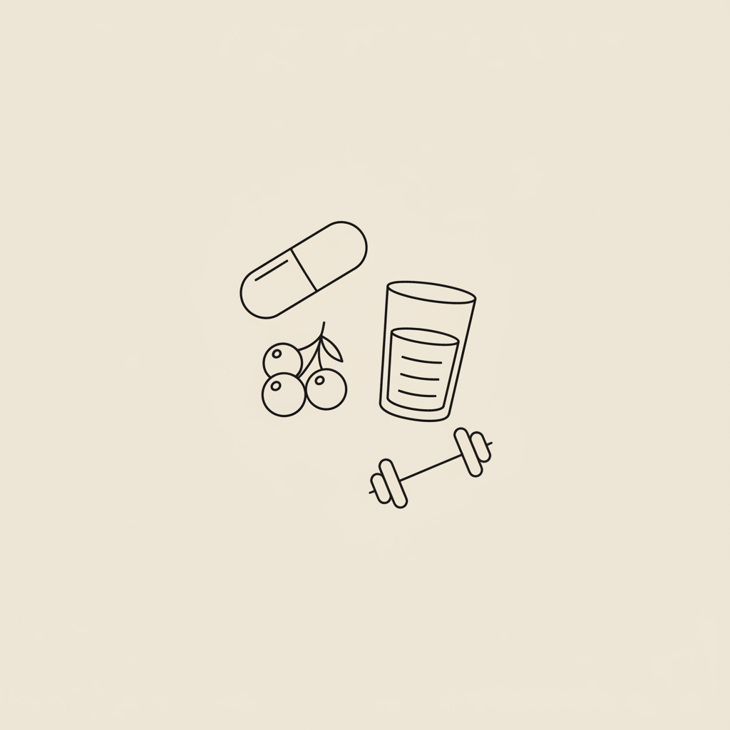 Tonum-style minimalist line illustration of a capsule, berry cluster, water glass and barbell on beige background representing nutrition, hydration and strength for how do i speed up my metabolism for weight loss