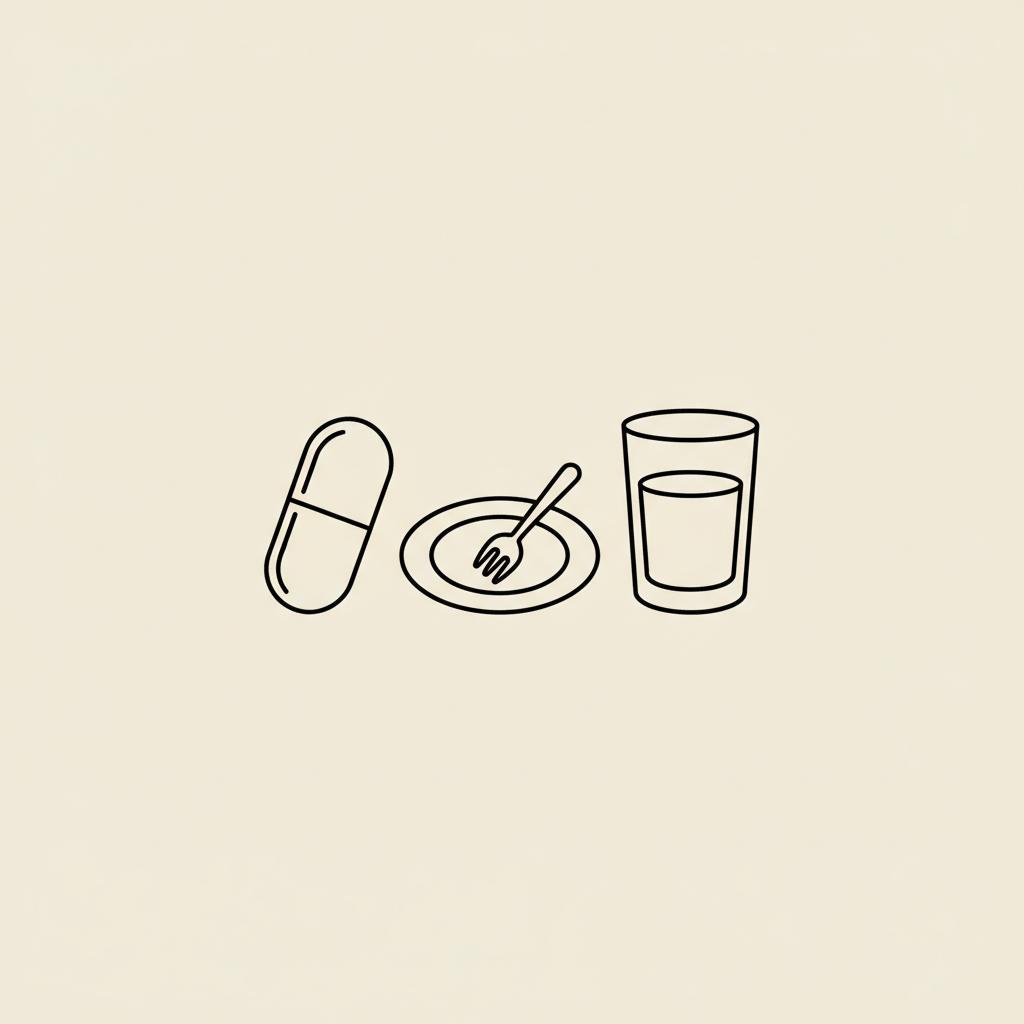 Minimalist Tonum-style line illustration of a capsule, small plate with fork, and water glass on beige background, representing over-the-counter weight loss pills