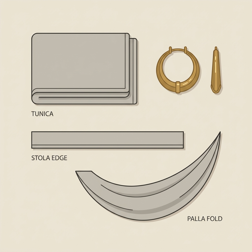 Flat lay of folded tunica stola edge and palla fold with ancient roman earrings demonstrating relationship between textiles and metal ornament on a beige background