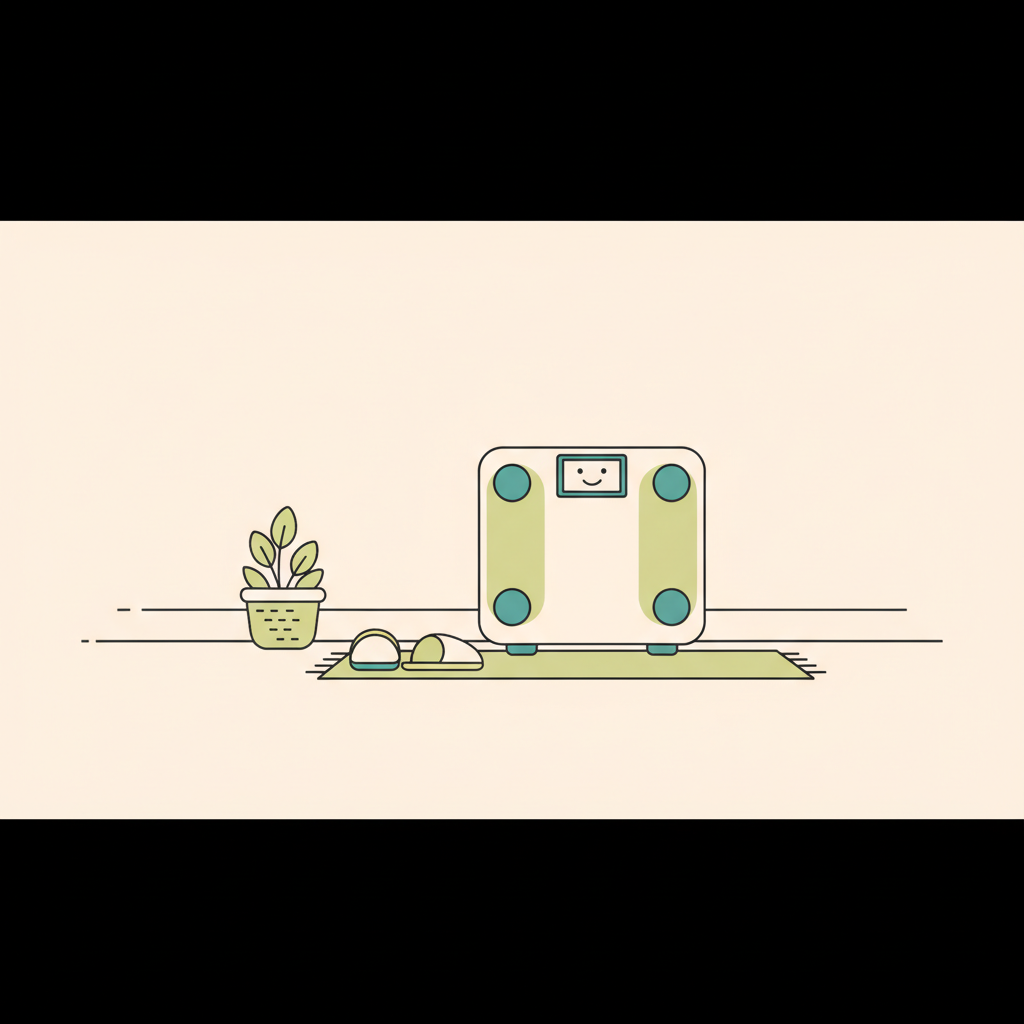 Minimalistische 2D-Vektorillustration einer Waage mit Smiley-Anzeige in gemütlicher Umgebung (Hausschuhe, Teppich, Pflanze), freundliches Motiv für abnehmen und muskeln aufbauen