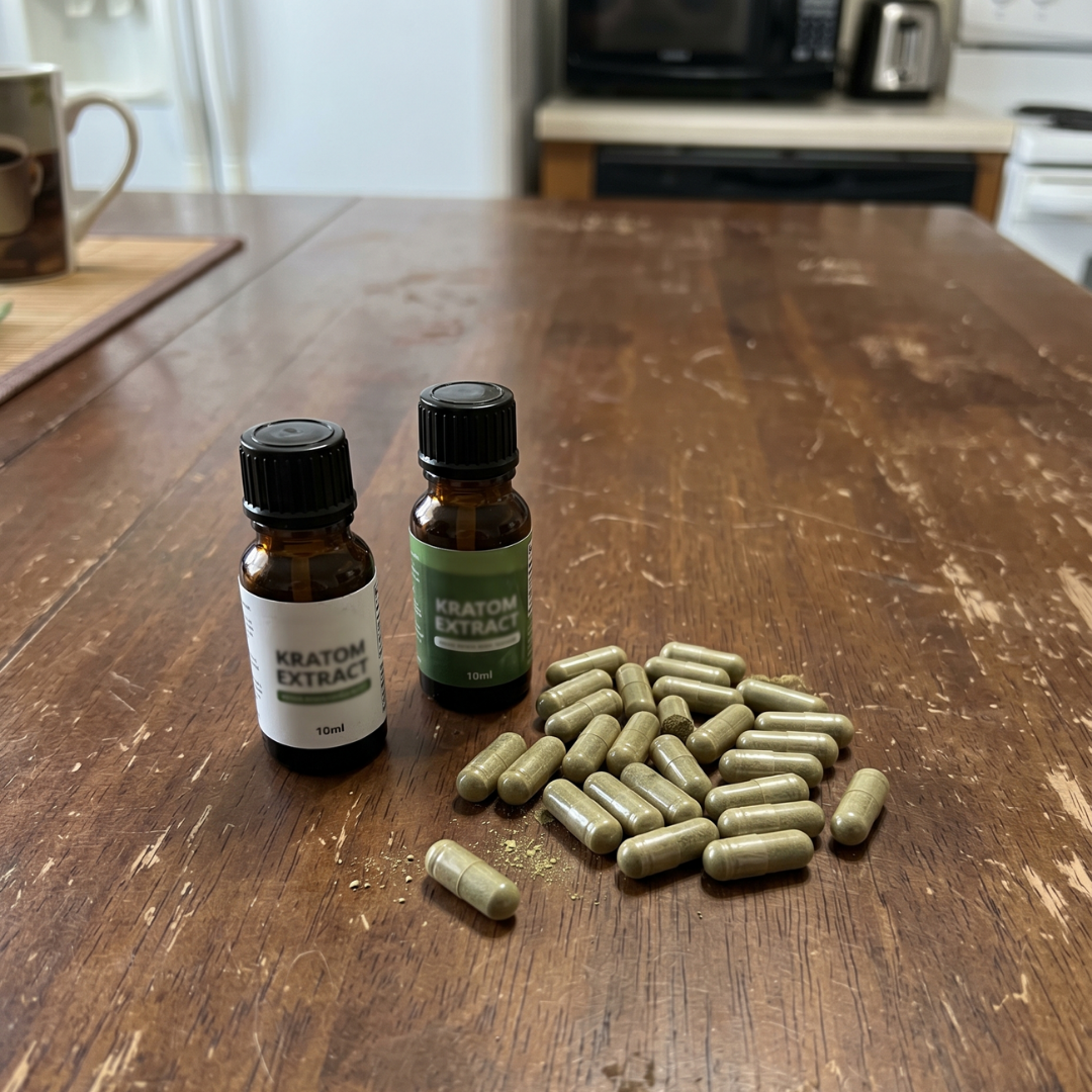 Unlabeled kratom extract shots and capsules