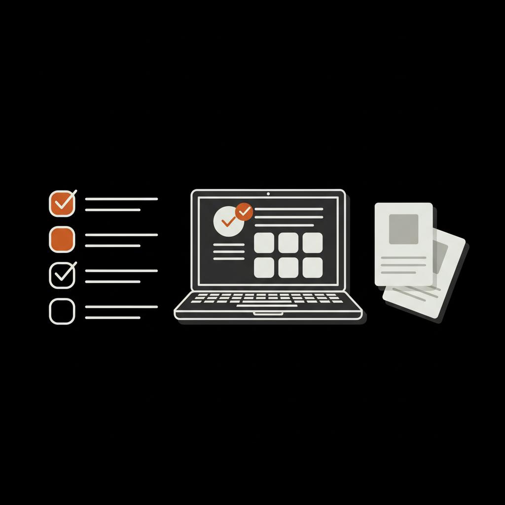 Minimal 2D vector infographic of a laptop showing a stylized profile, a checklist with checked items, and stacked press clippings — visual for Instagram verification requirements.