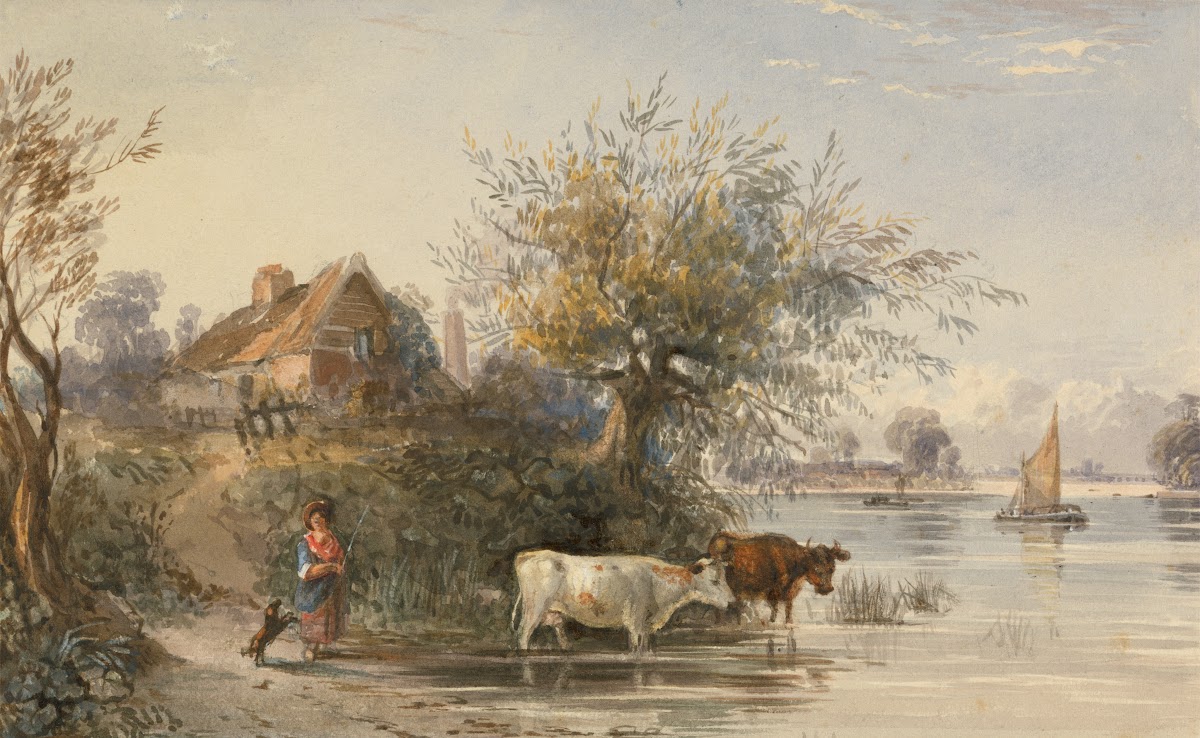A Woman Tending Cattle by a River ca 1840