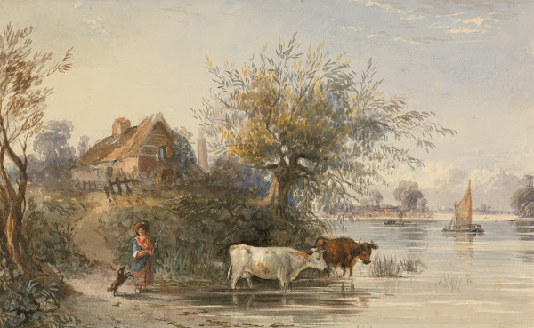 A Woman Tending Cattle by a River ca 1840