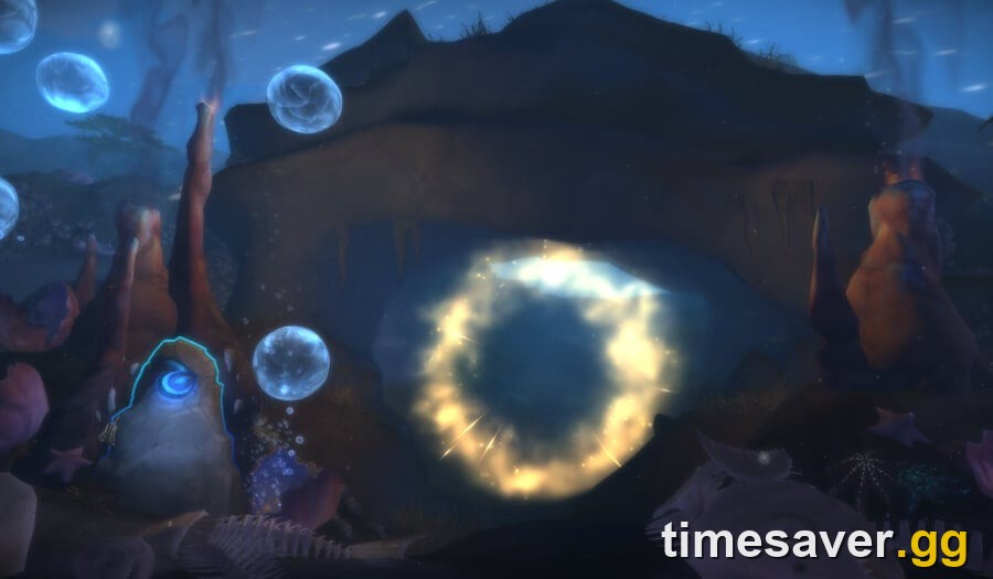 Glowing underwater entrance portal to a Lair instanced world boss in Patch 12.1, the Tidebound Grotto beneath the Coiled Isle