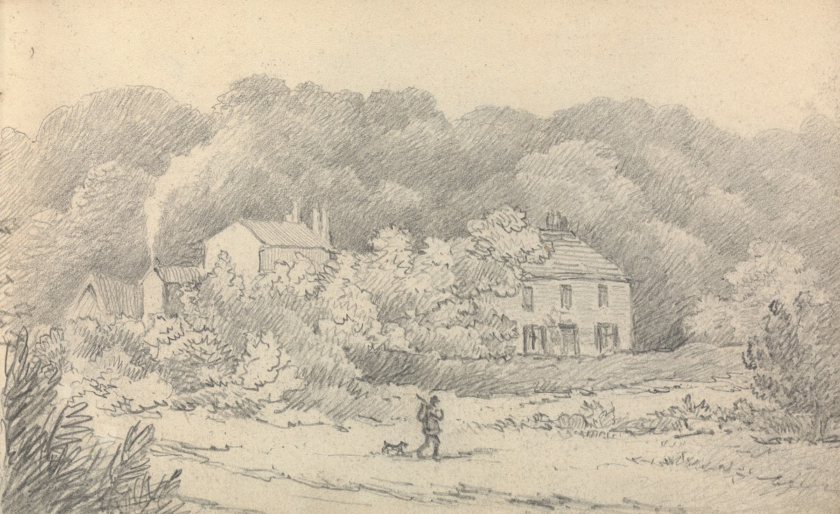 Rural Scene with Houses and a Hunter and His Dog