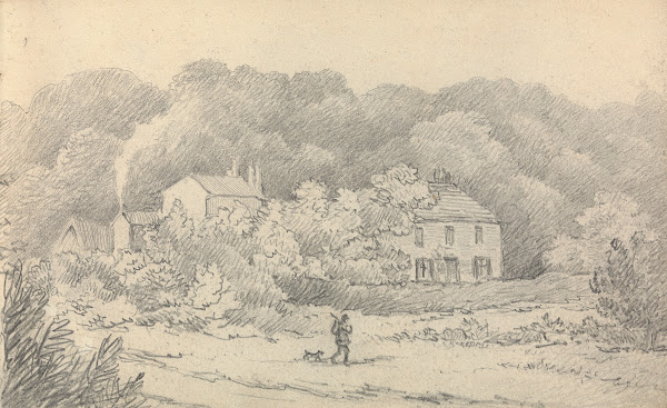 Rural Scene with Houses and a Hunter and His Dog