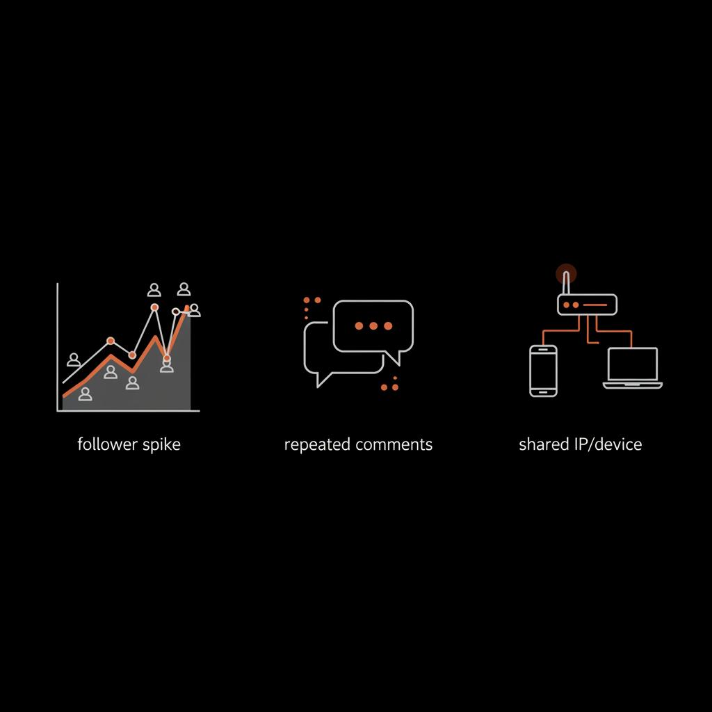 Minimal vector infographic showing signals platforms check for buying Instagram followers: follower spike, repeated comments, shared IP/device on black background with orange accents.