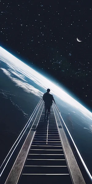 Space, Escalator, Earth, Stars 4K iPhone Wallpaper Background