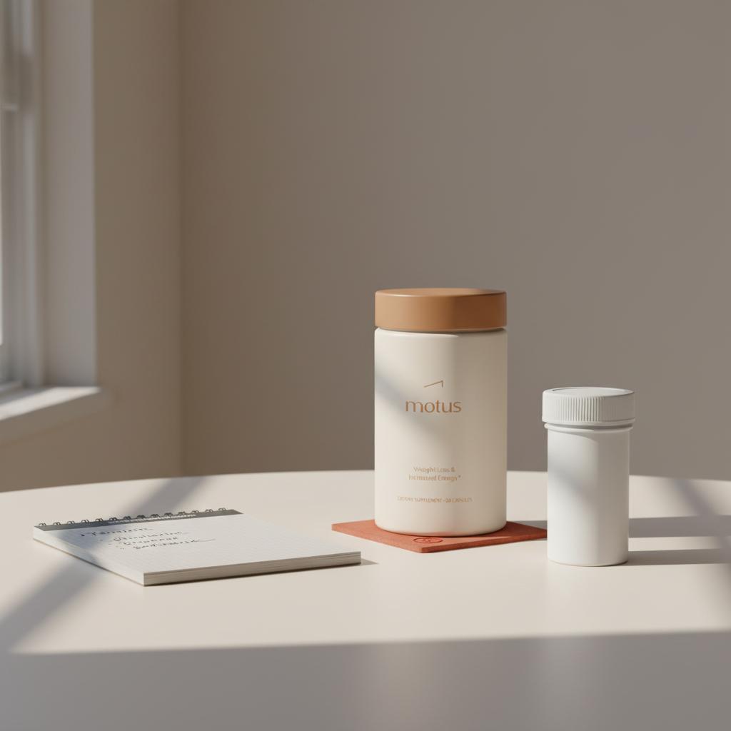 Motus supplement container on a minimalist kitchen table with open notebook and prescription bottle, illustrating phentermine vs berberine choice in weight-loss supplements.