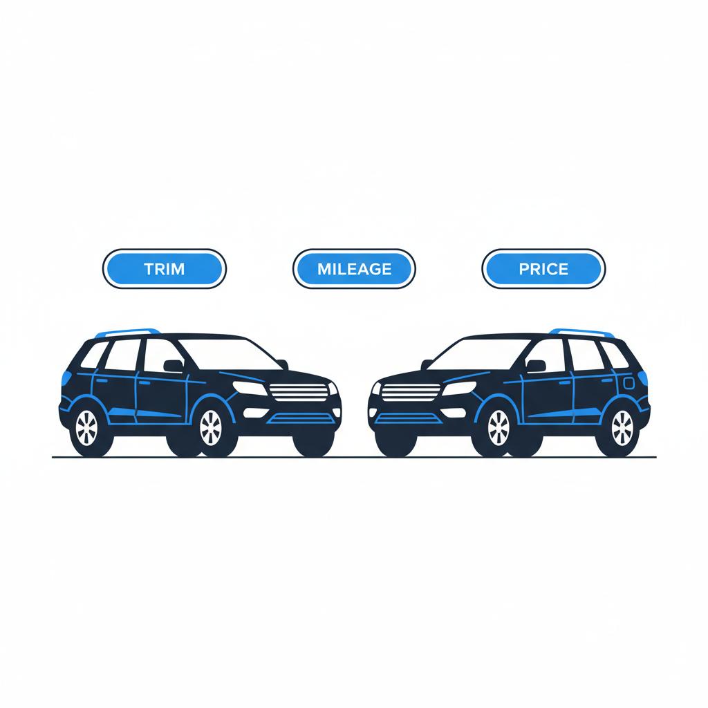 suvs for sale side by side comparison two midsize SUVs flat vector illustration with three empty accent badges above each vehicle representing trim mileage and price minimalist white background