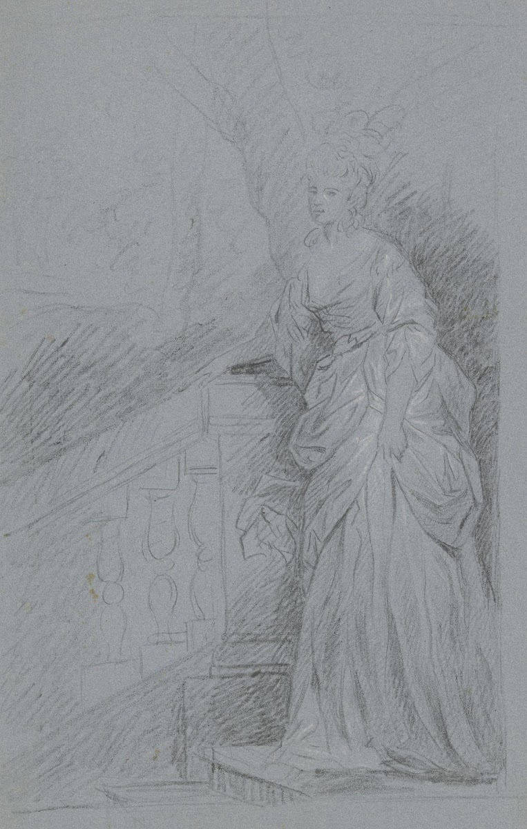 Dame in ganzer Figur auf einer Freitreppe