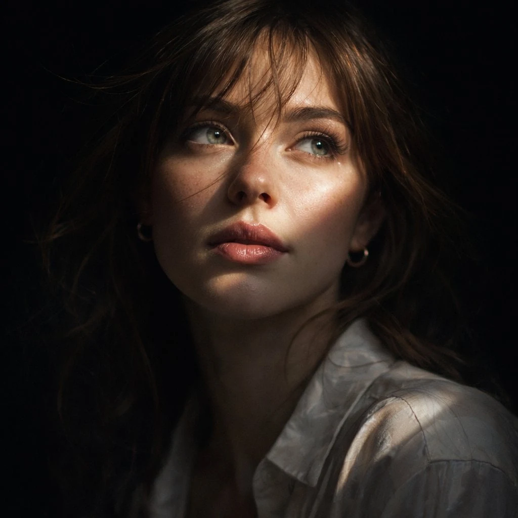 Cine hiperrealista Crea un retrato en primer plano en 8k de una hermosa mujer con cabello medio, castaño, ligeramente...