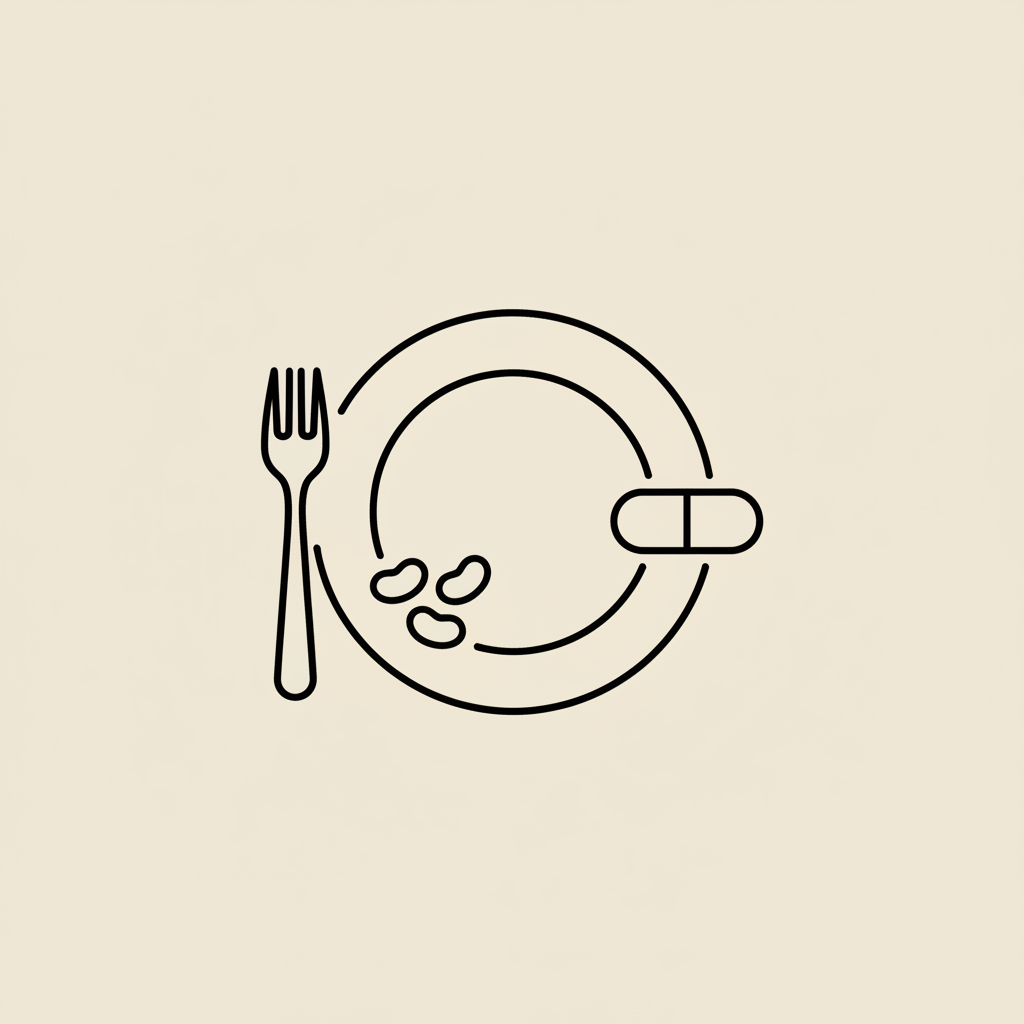 Tonum-style minimalist line illustration of a plate with fork, capsule and small beans on beige background — who should not take carb blockers