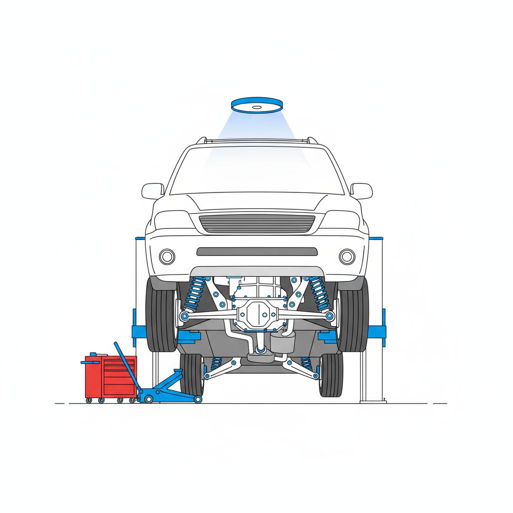 Vector illustration of an SUV underside on a lift showing transmission and suspension components in a clean garage for a used chevy tahoe for sale