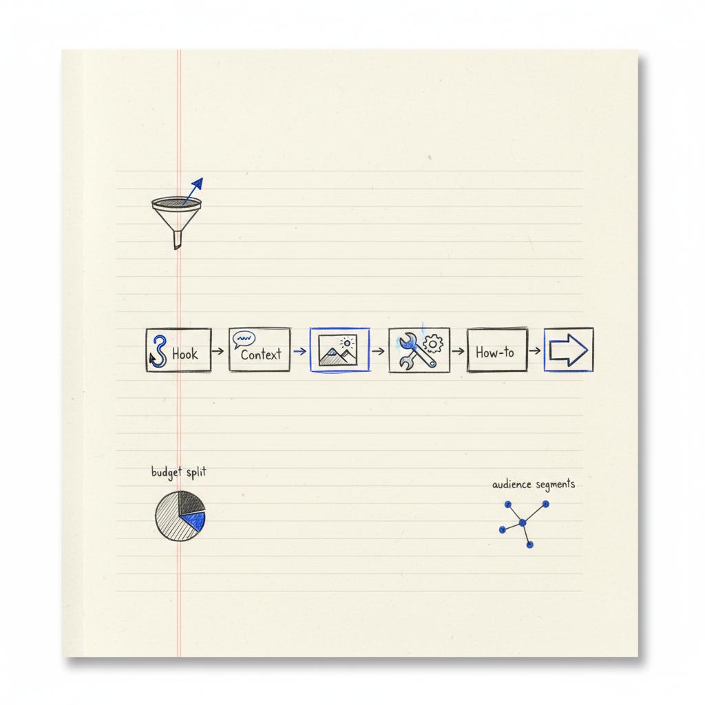 Minimal hand-drawn notebook sketch of a 5-step thread structure (hook, context, example, how-to, CTA) in charcoal with blue accents on white background for Twitter B2B marketing