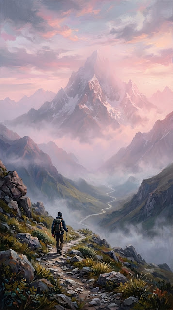 Dramatic Mountain Landscape with Lone Traveler at Dawn - Free mobile Wallpaper