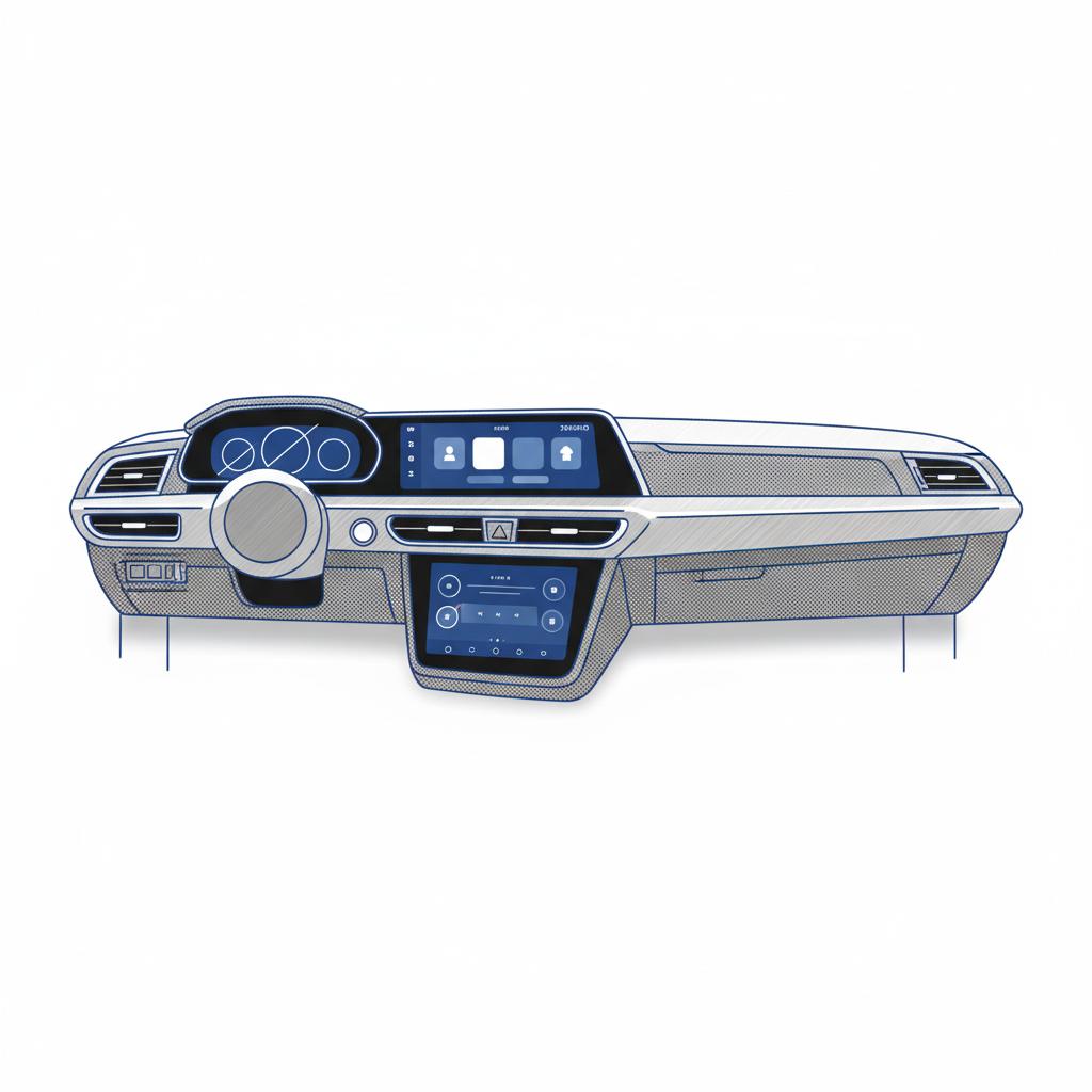 Minimalist 2D vector illustration of a 2023 Nissan 370z for sale interior dashboard and infotainment screen on white background with cobalt blue accents and subtle material textures