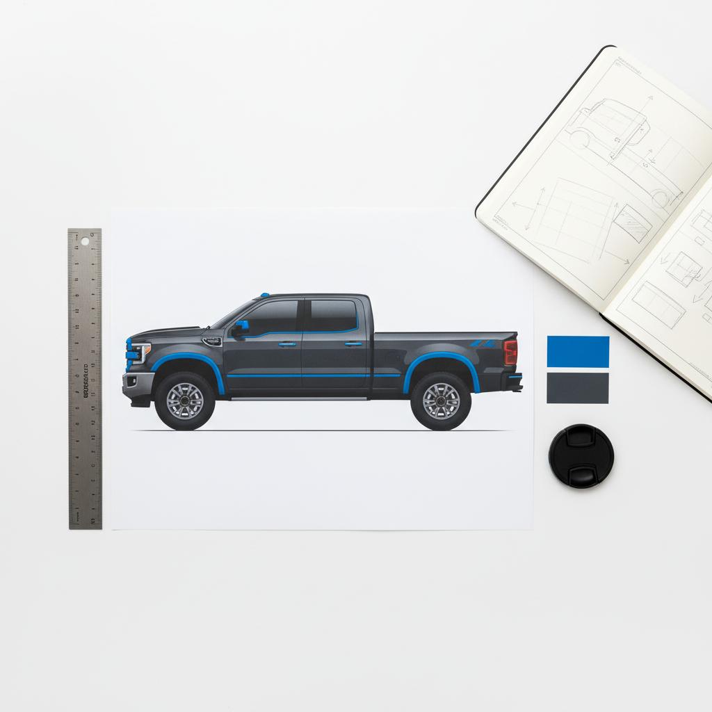 Top-down vehicle branding mockup on a white drafting table with ruler, #1a5bfb and #39383f color swatches, camera lens cap and notebook sketches &mdash; How do I brand my construction company?