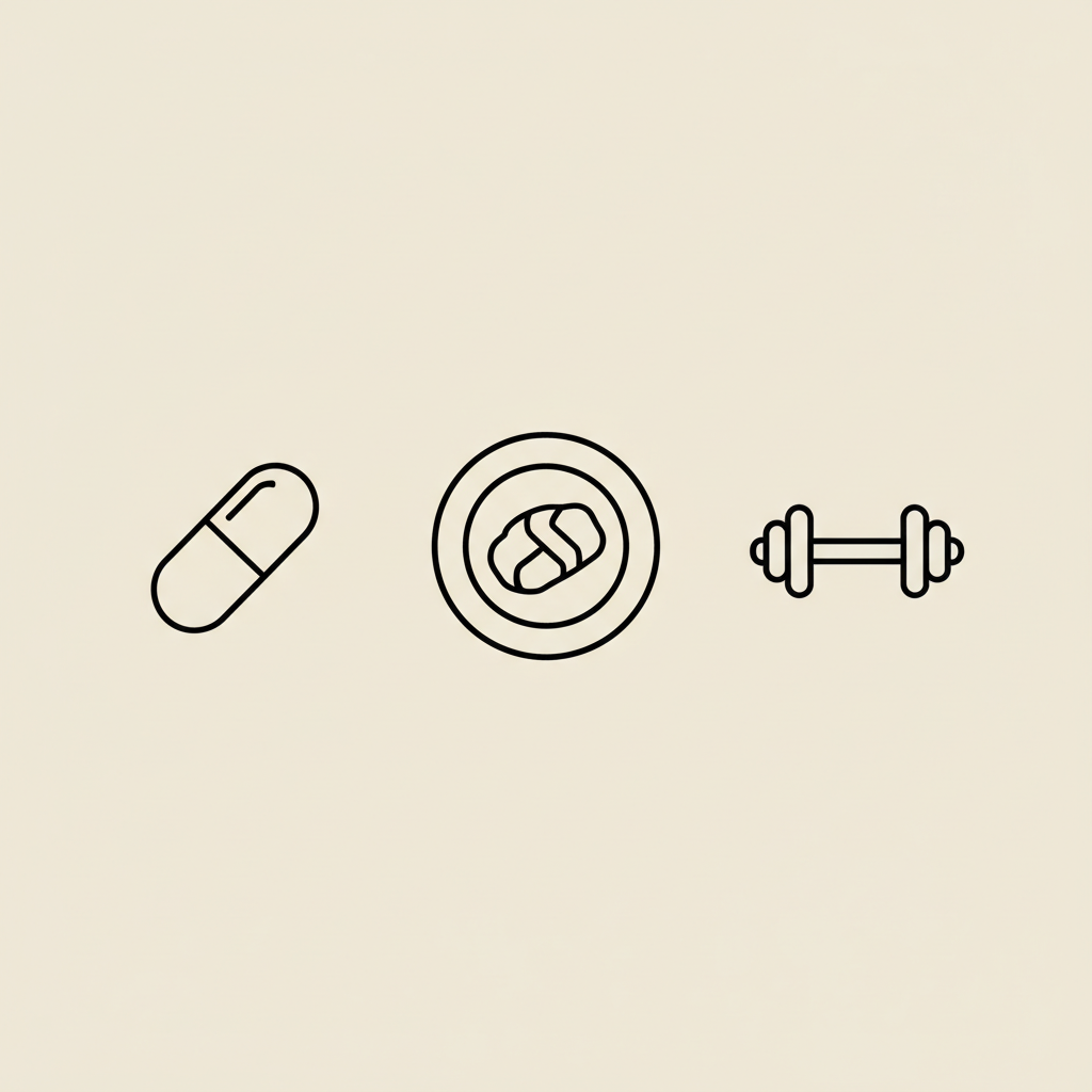 Minimalist 2D vector line illustration of a capsule, a plate with protein, and a small dumbbell on a beige background to boost metabolism naturally.