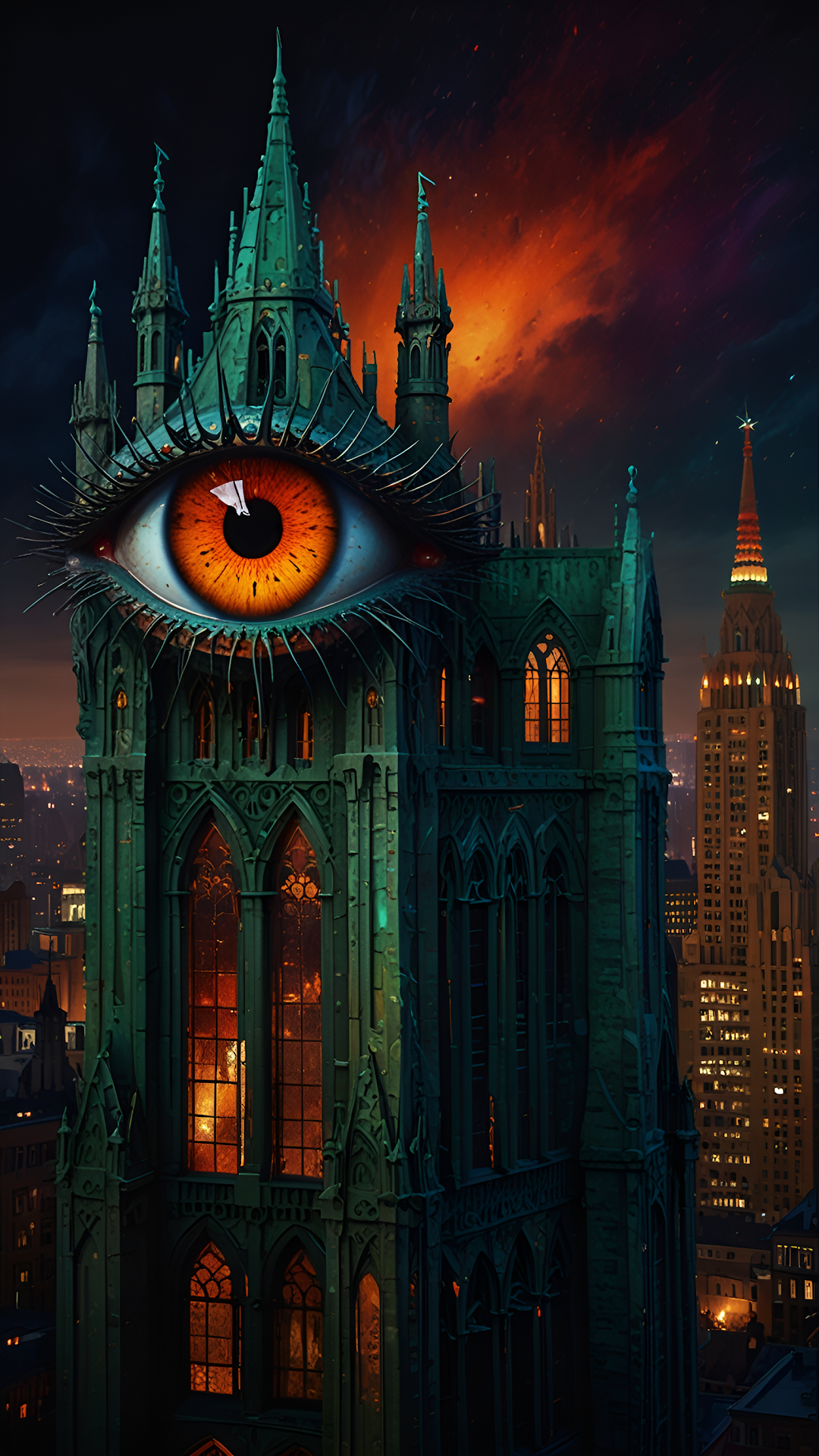 Gothic Tower with Giant Eye, Surreal Cityscape Art - Free 4K mobile Wallpaper
