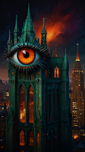 Gothic Tower with Giant Eye, Surreal Cityscape Art