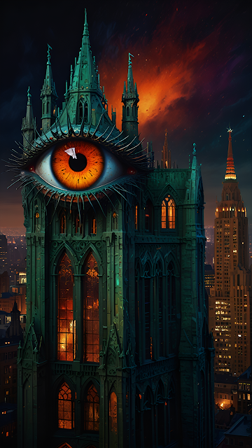 Gothic Tower with Giant Eye, Surreal Cityscape Art - Free mobile Wallpaper