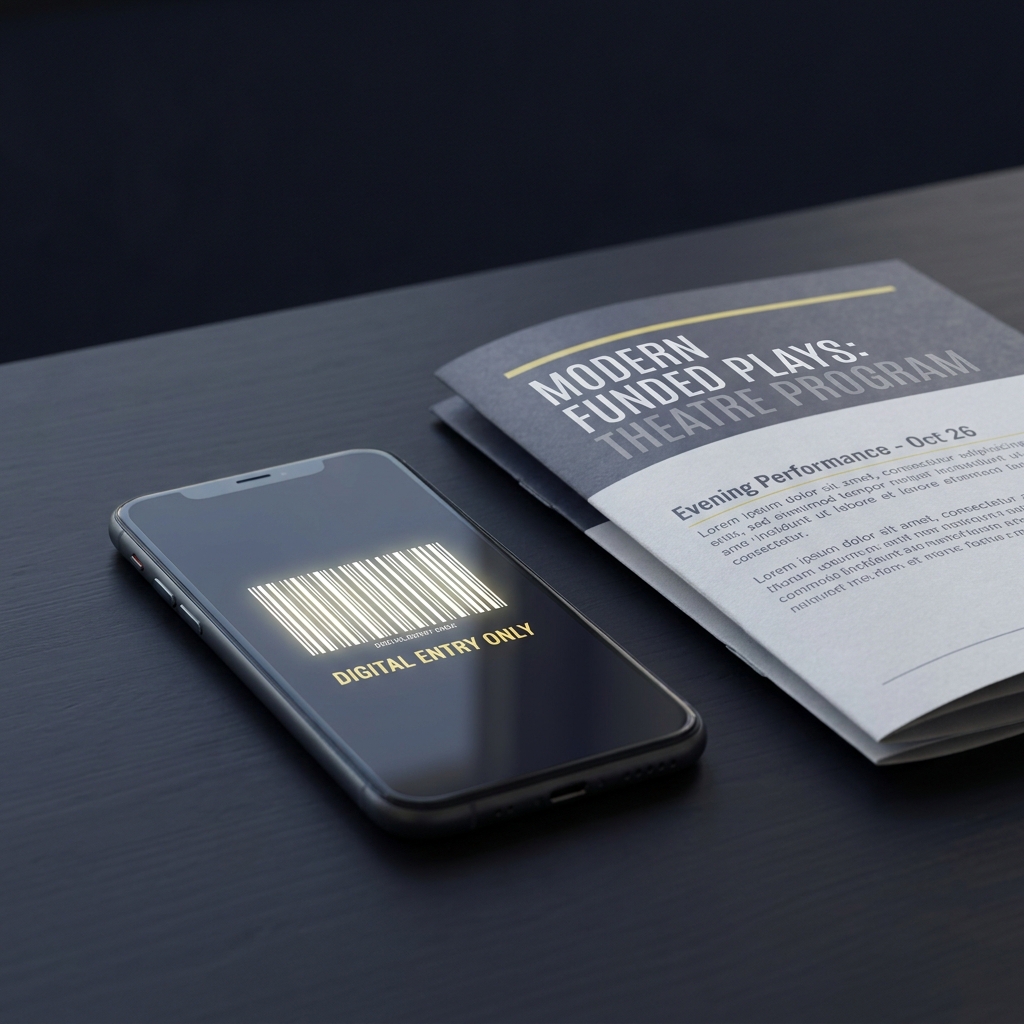 Close up of smartphone displaying a dynamic ticket barcode beside a printed event program on a dark Funded Plays style background showing secure digital only entry best nhl prediction site