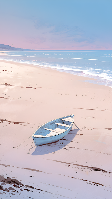 Pastel Beach Sunset Rowboat Minimalist Illustration